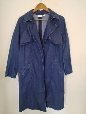 Chicos Denim Trench‎ Coat Sz 1 Dark Wash Jean Jacket Western (missing waistband)